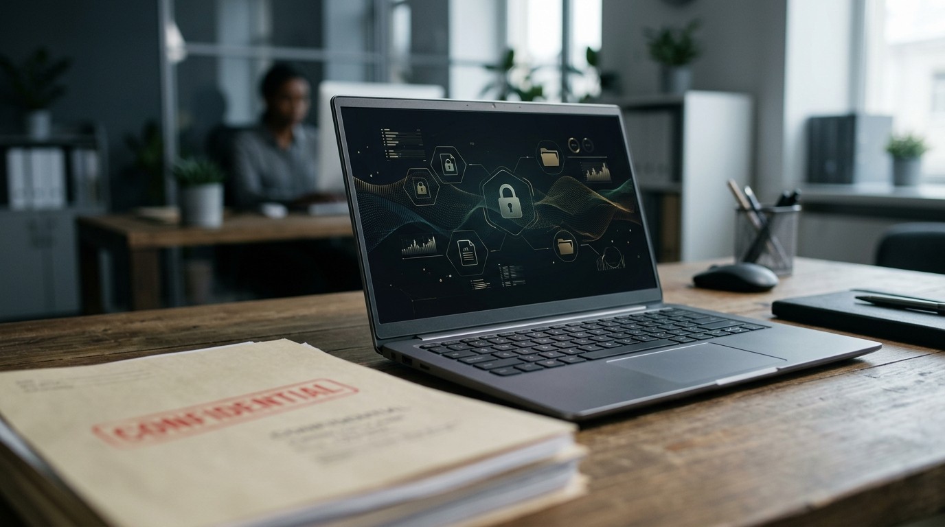 Laptop in a compliance-sensitive office handling confidential documents with local AI, data never leaving the premises