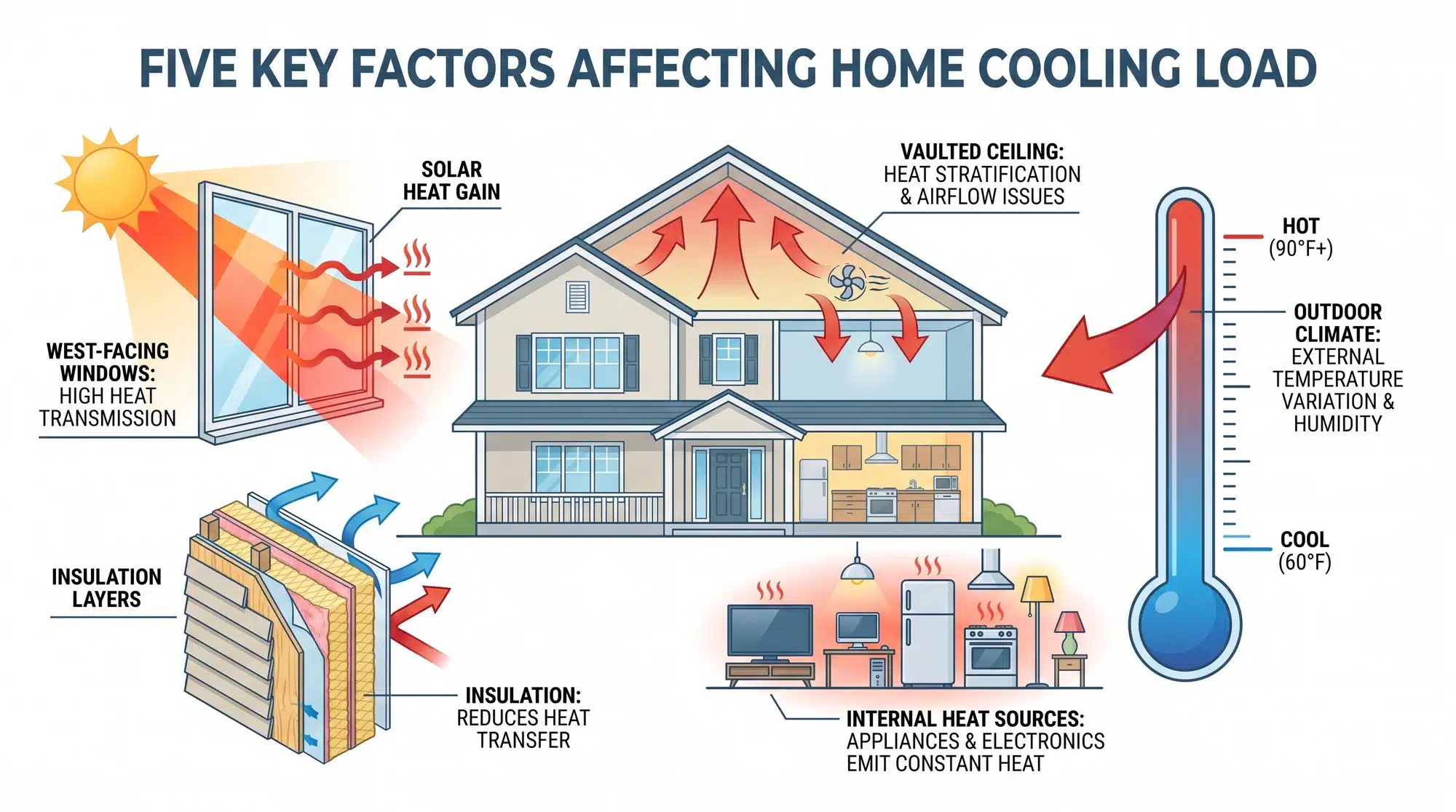 Educational infographic showing five factors that affect home cooling load including climate, windows, insulation, ceiling height, and appliances