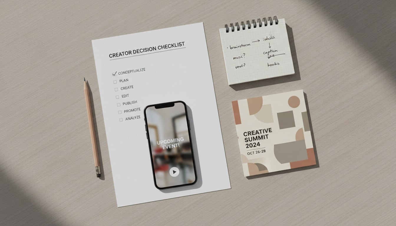 Creator's decision checklist beside a smartphone previewing a finished event teaser