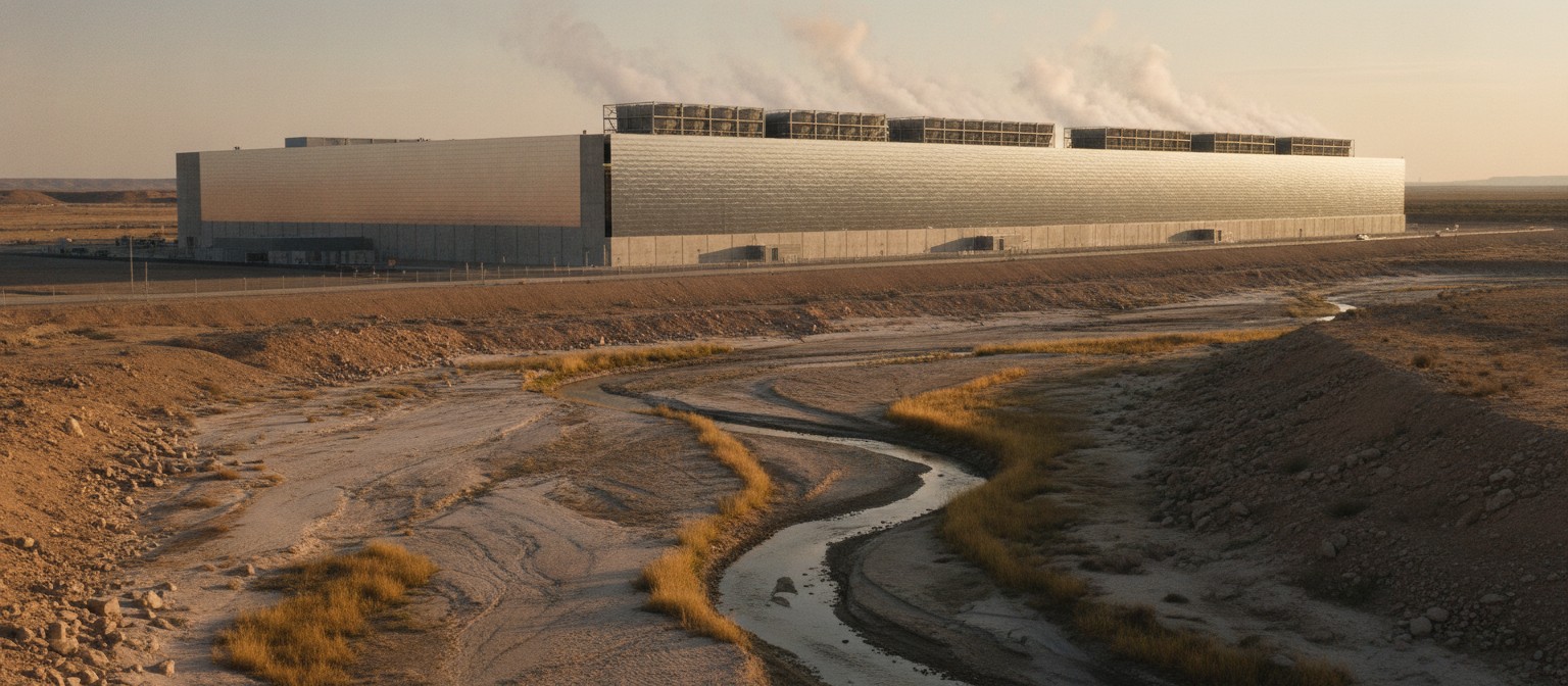 Evaporative cooling towers beside a data centre with a river and dry landscape illustrating water use