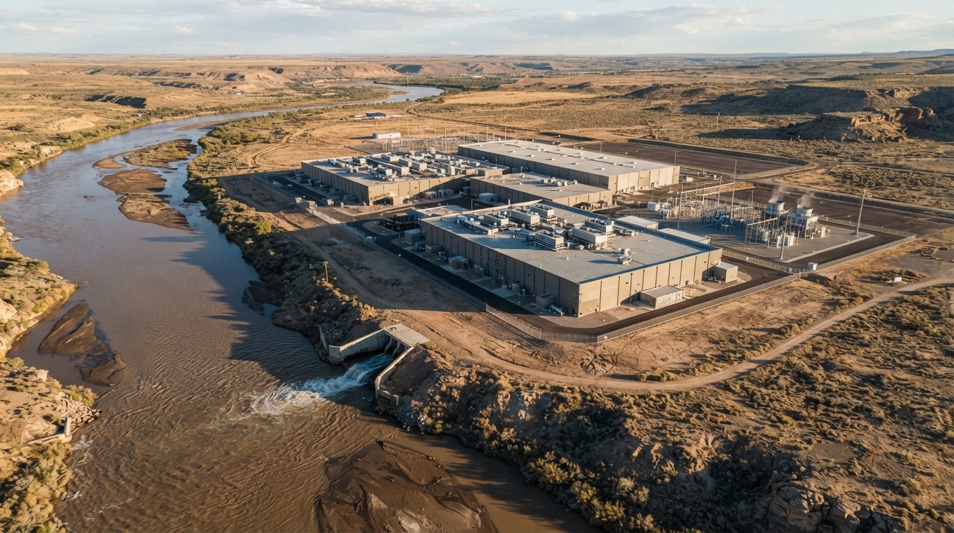 Aerial view of a data center discharging cooling water into a river in a dry region