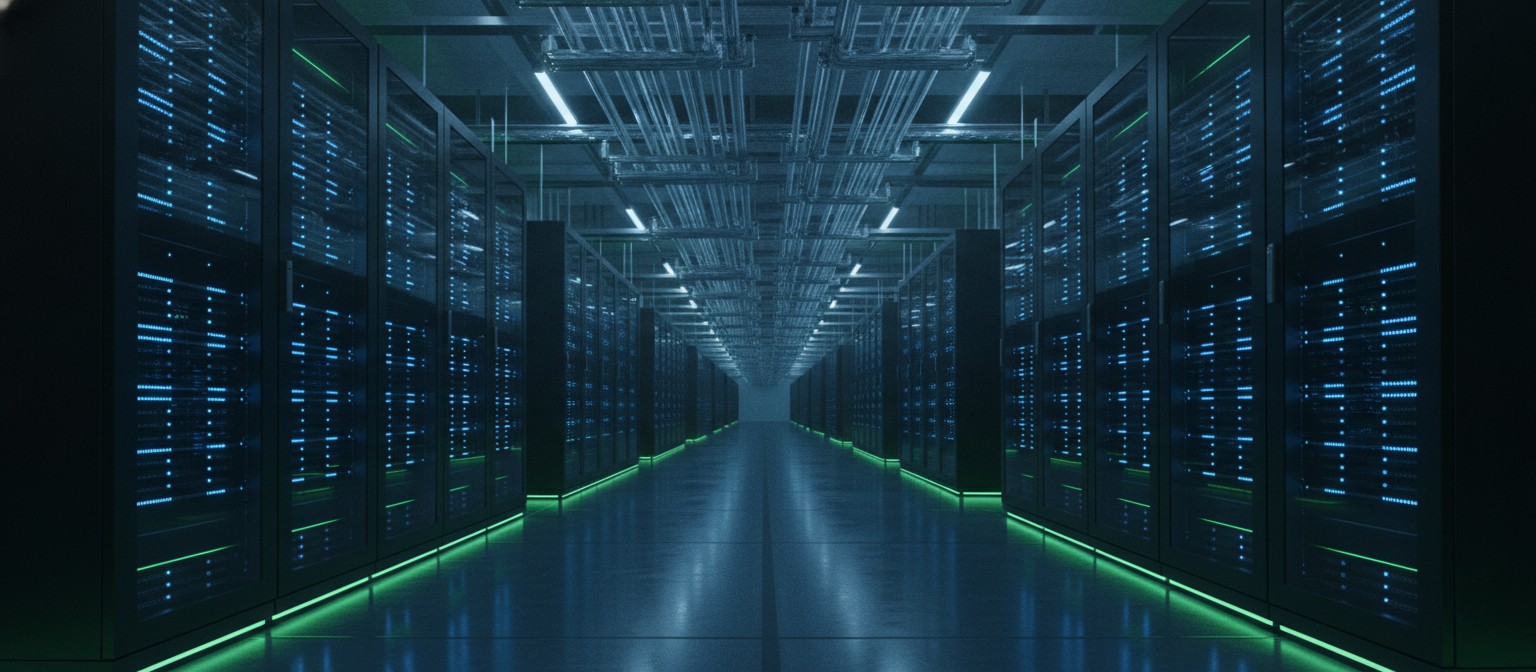 Close-up of server racks with glowing blue lights and liquid cooling pipes inside a data centre