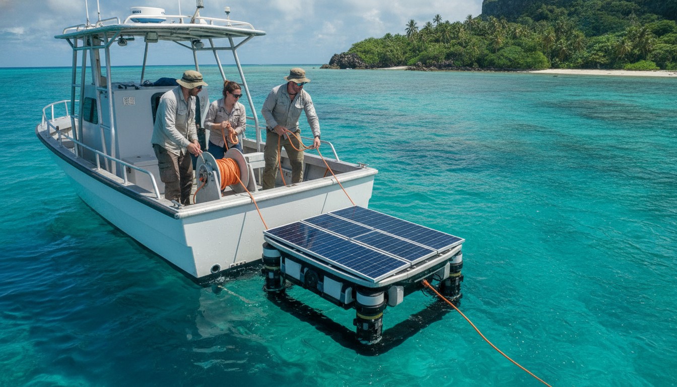 Researchers deploying an underwater robot carrying perovskite solar modules into the South China Sea from a boat
