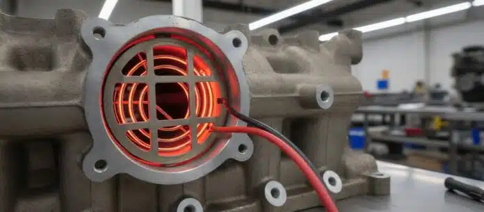 Diesel engine intake manifold with grid heater heating element visible in the air intake path