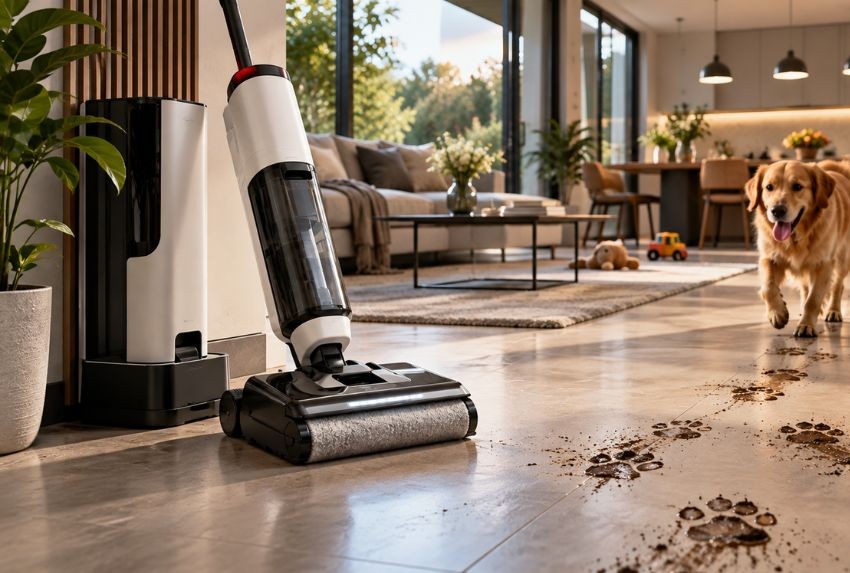 A golden retriever walks across a tiled floor, leaving muddy paw prints, while a wet-dry vacuum cleaner stands nearby.