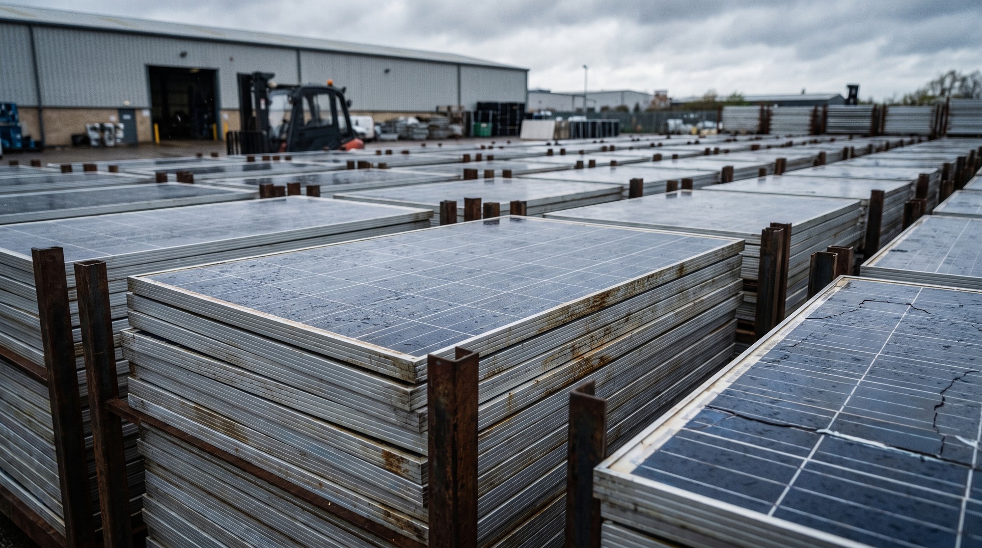 Solar Panel Recycling: Why the Silver Is Worth More Than the Rest Stacked end-of-life solar panels awaiting recycling at an industrial yard