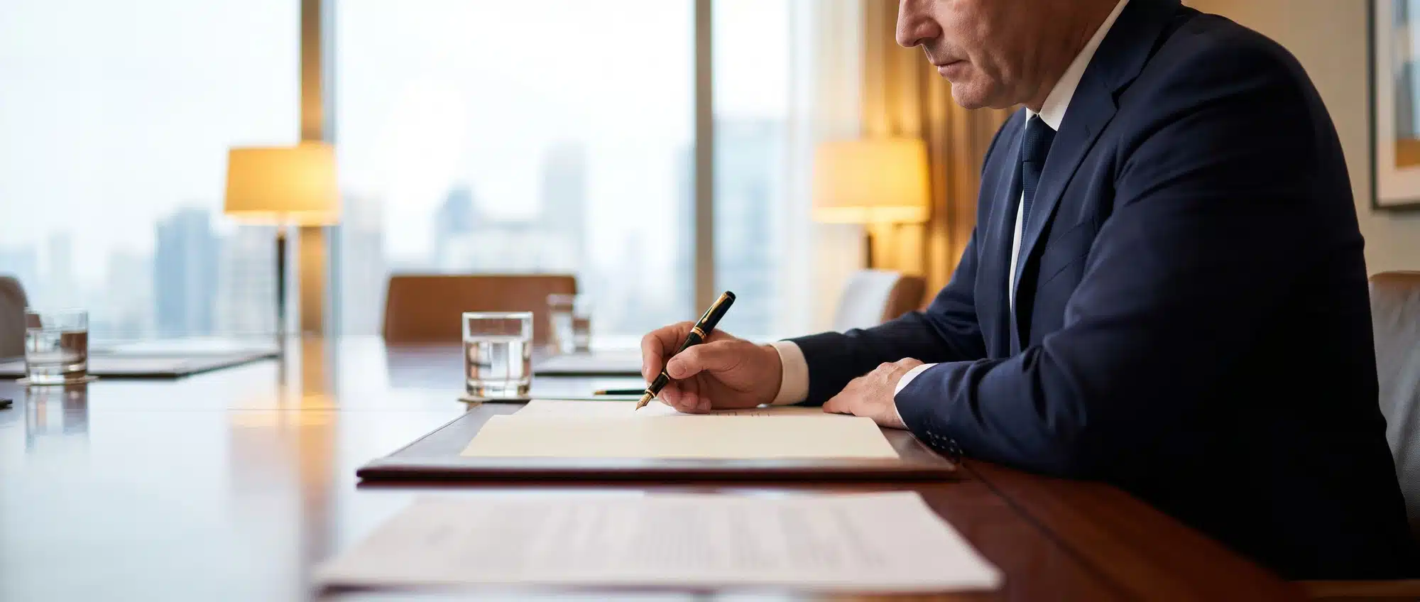 Executive signing a document with a premium Parker pen in a modern boardroom