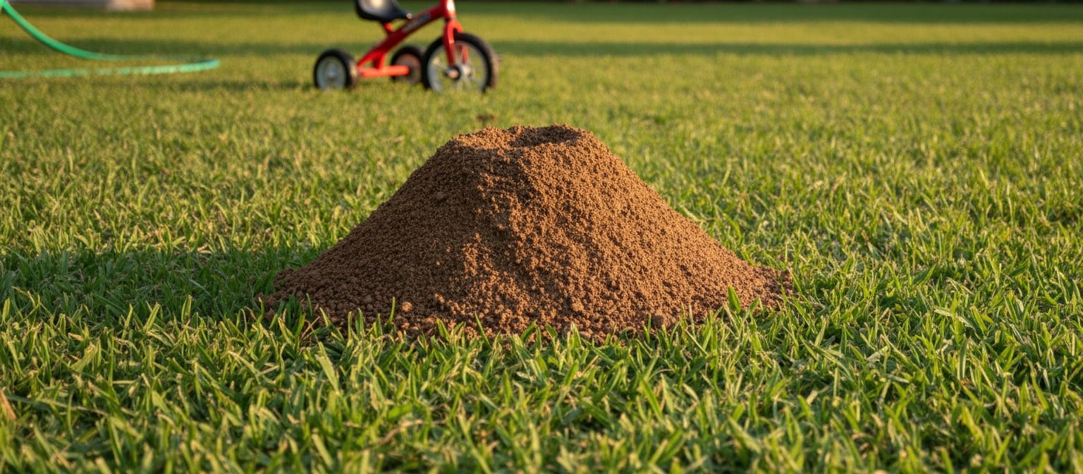 Large fire ant mound rising from a green residential lawn, illustrating the visible surface threat professional control addresses