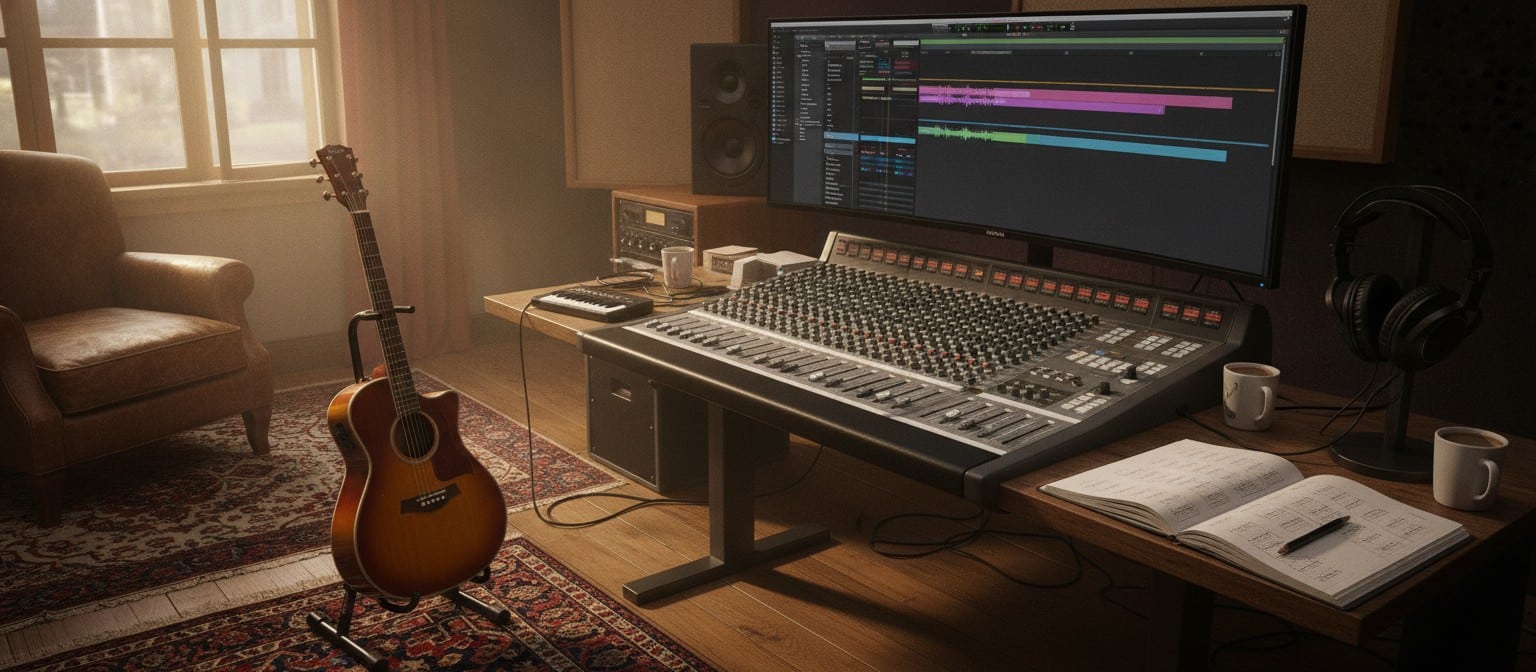 How to Fix a Song That Feels Flat Without Starting Over Music producer revising song structure in home studio with guitar and mixer