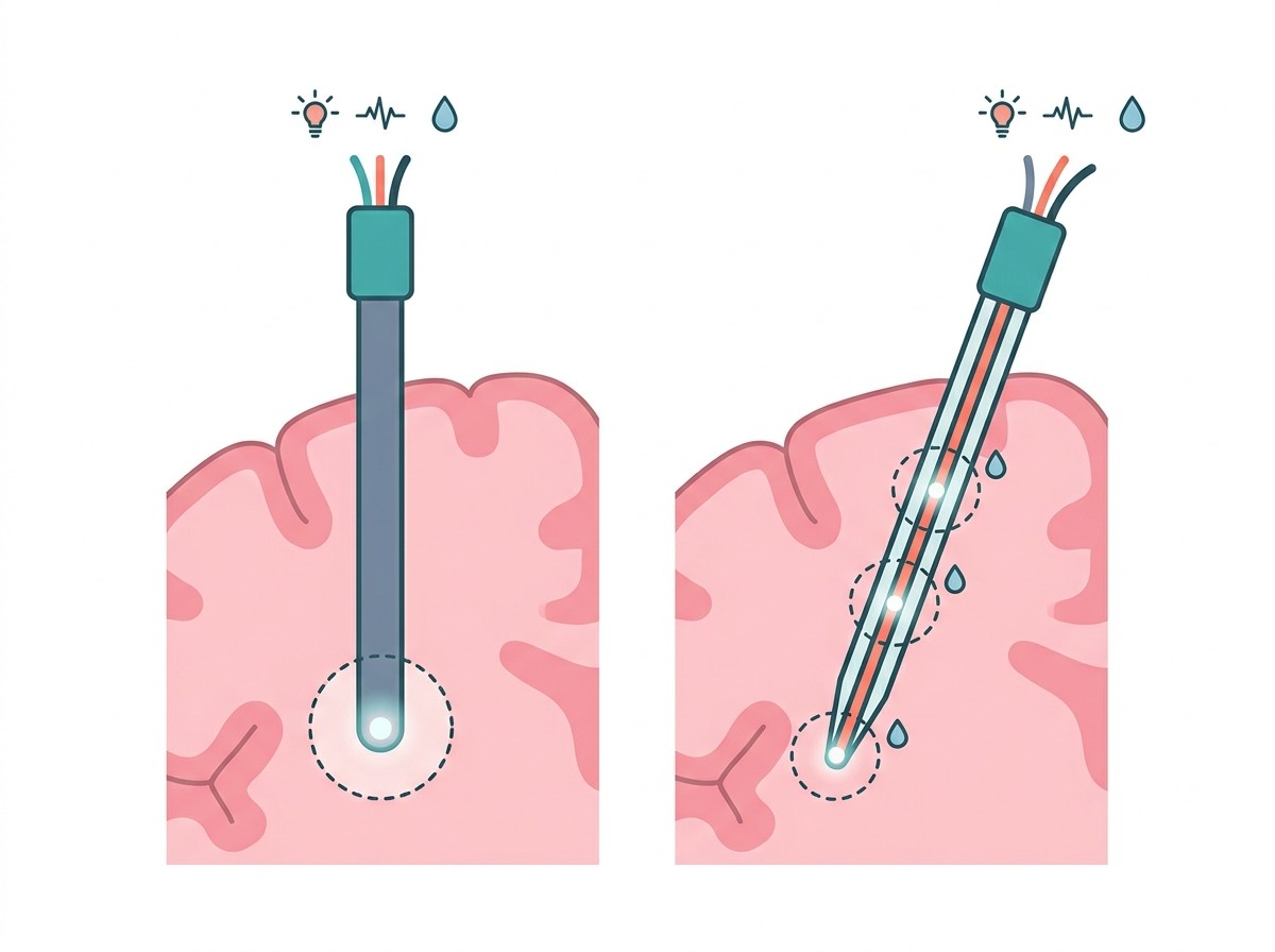 Diagram comparing a conventional flat-end optical fiber that works at only one brain layer with the mAxialtrode, which works at several depths along its length