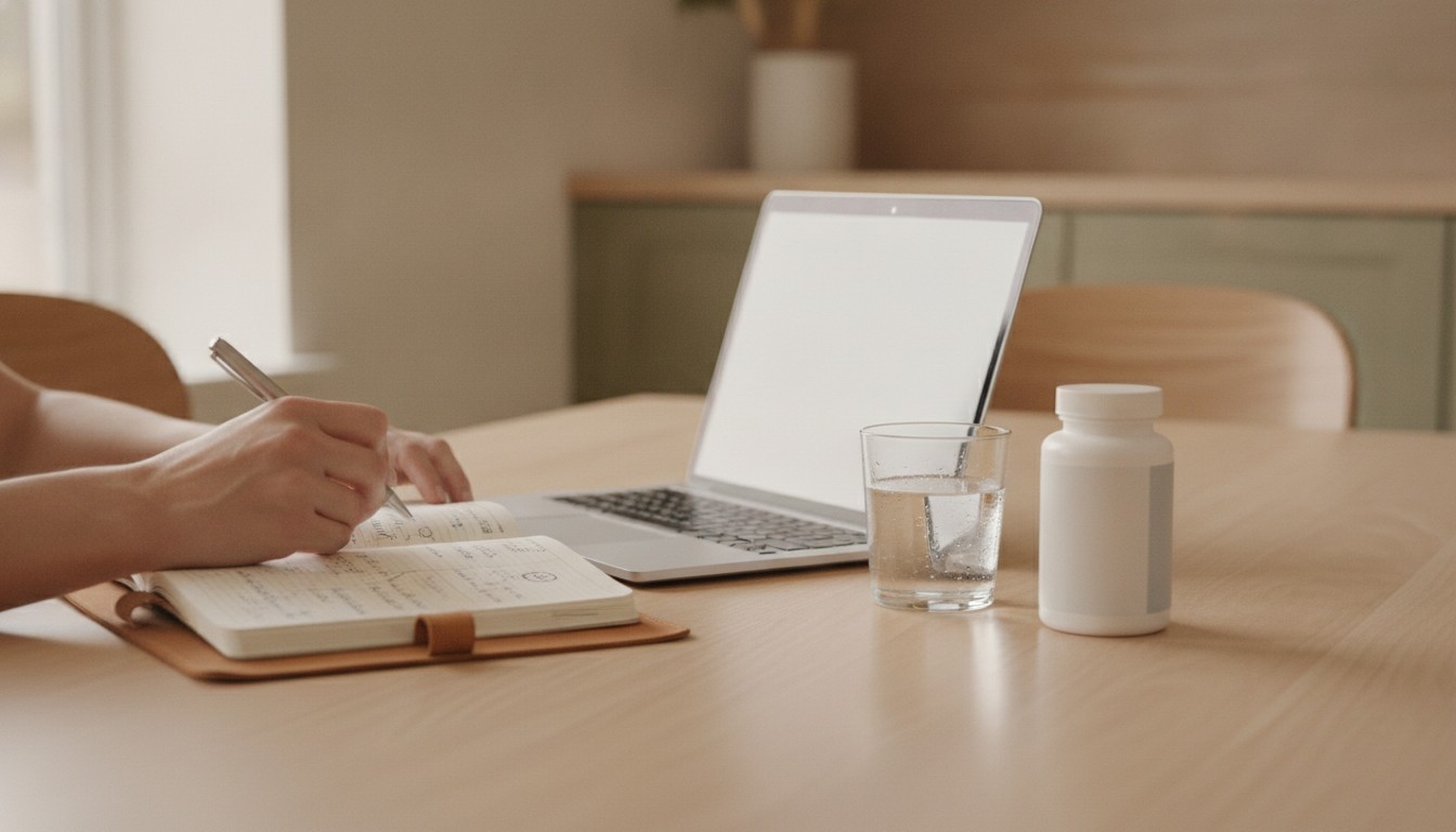 Person writing in a food journal at a table next to a glass of water and an unbranded supplement bottle