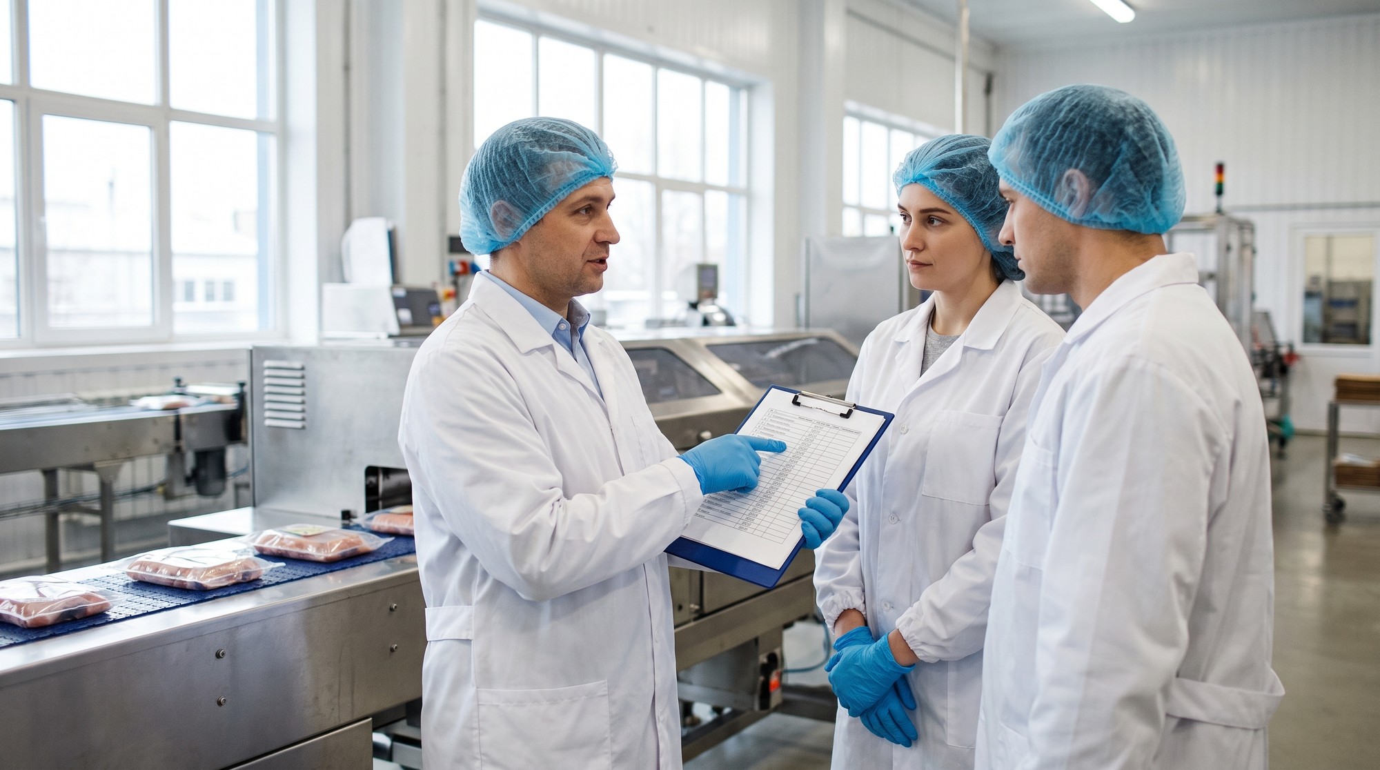 A frontline supervisor coaching production operators on operational standards inside a food manufacturing plant.