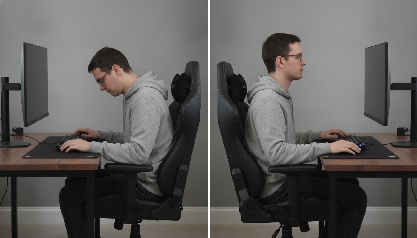 Two side-by-side desk setups comparing incorrect monitor height with correct eye-level placement.