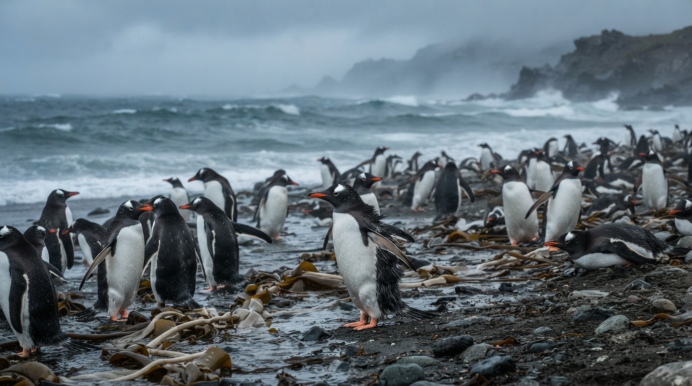 Gentoo penguins with white head stripes and orange bills on a sub-Antarctic shoreline
