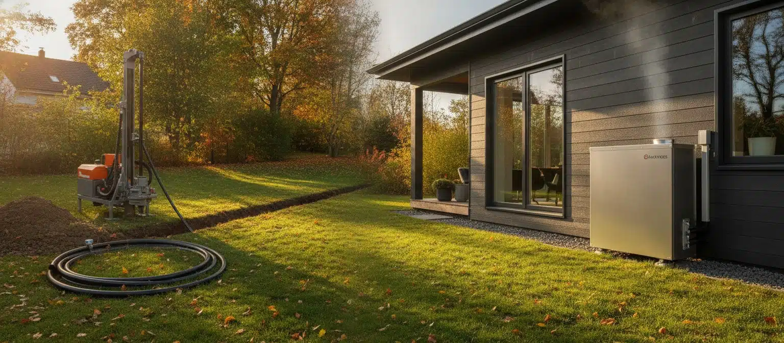 Geothermal vs. Air Source Heat Pump: Which Is Worth It in 2026? Split view of a home with a geothermal ground-loop installation on one side and an outdoor air-source heat pump unit on the other