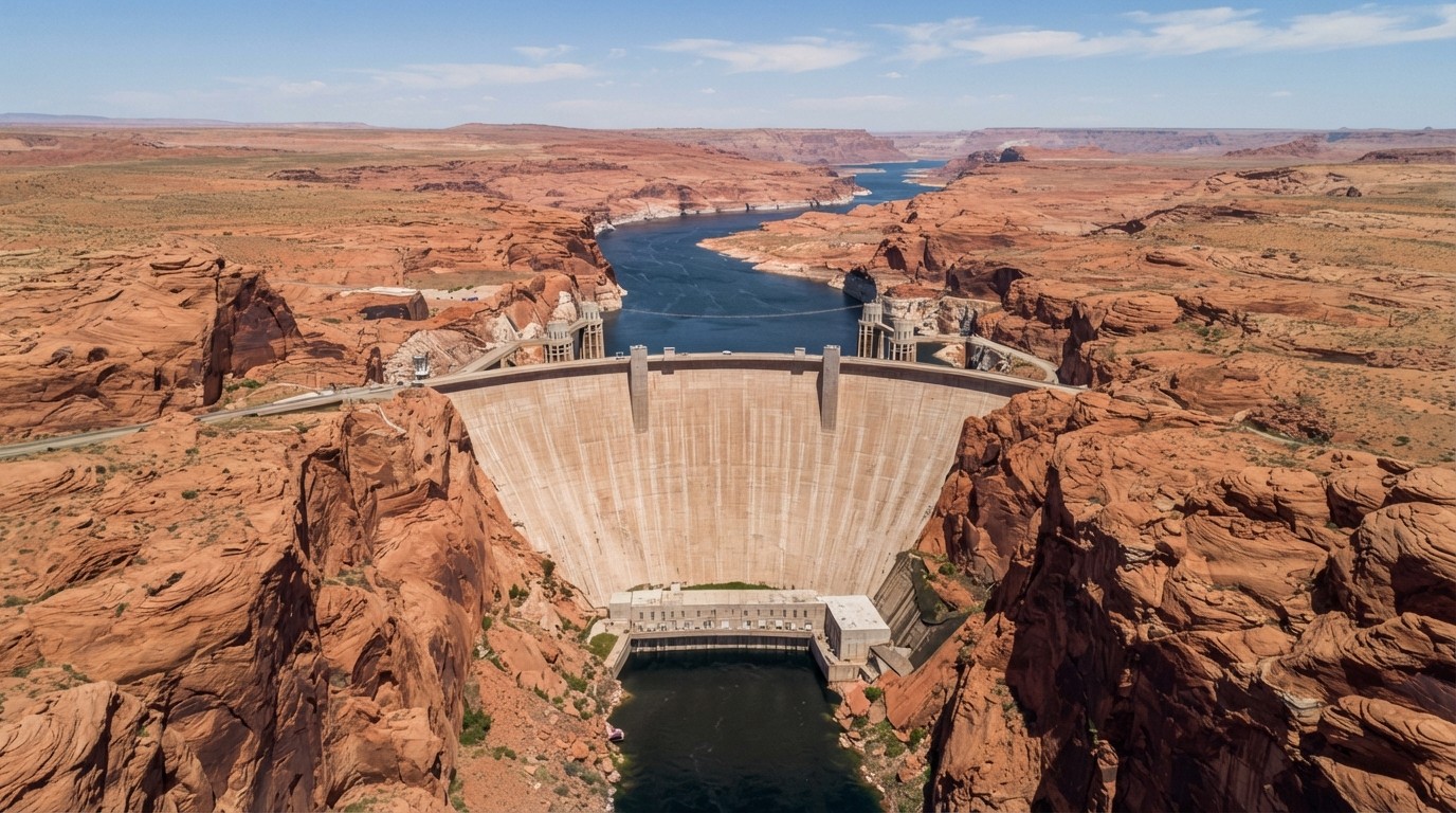 Massive concrete arch-gravity dam spanning a red rock canyon, with a narrow band of water downstream