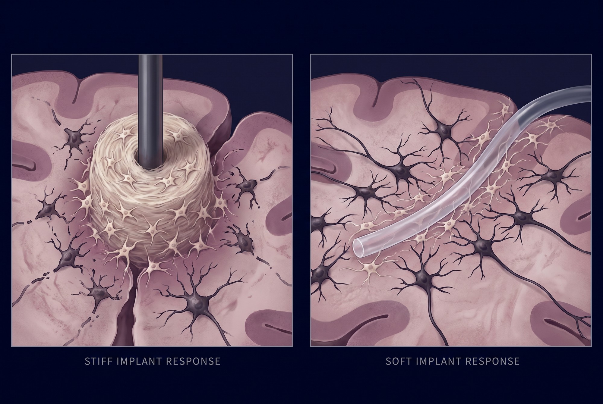 Illustration comparing a stiff silicon implant surrounded by a thick glial scar with a soft flexible polymer fiber surrounded by a thinner scar layer