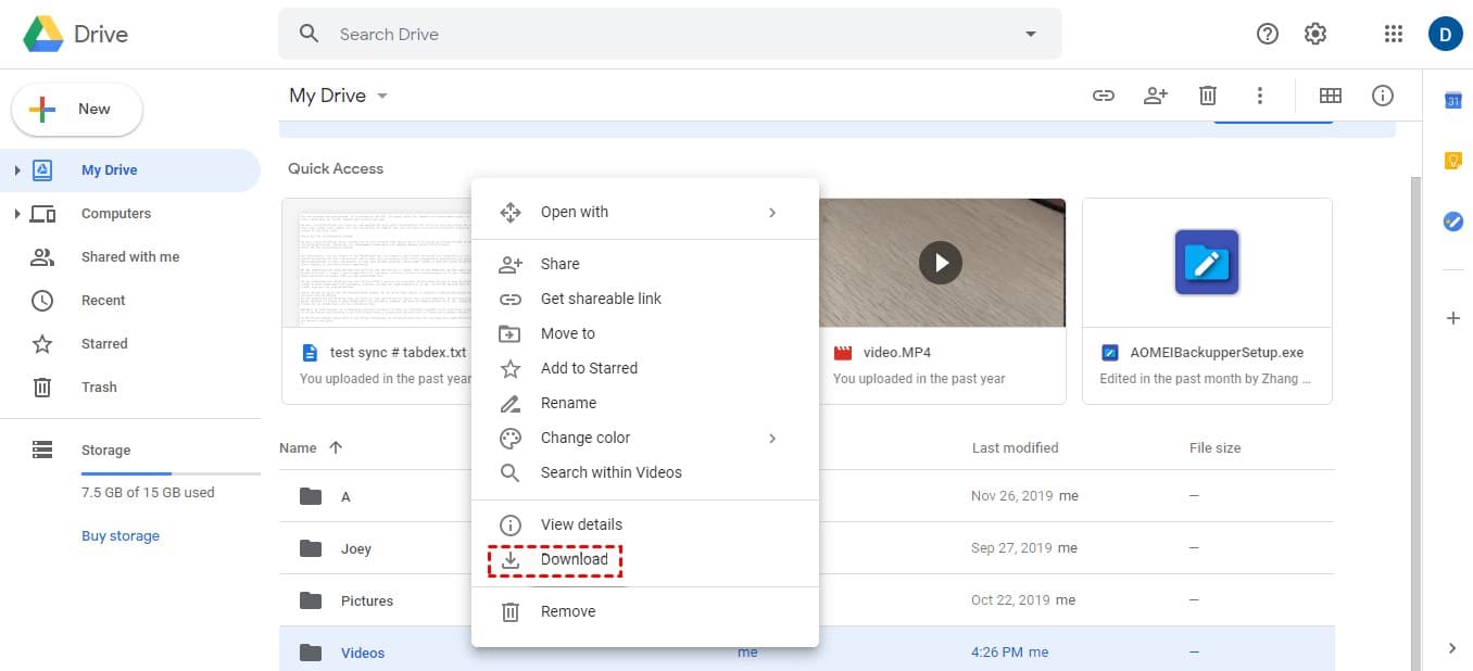 A dropdown menu in Google Drive is shown with the 'Download' option highlighted by a dashed red box.