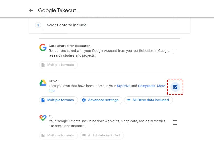 Screenshot of Google Takeout showing the Google Drive option selected, indicated by a blue checkmark within a dashed square.