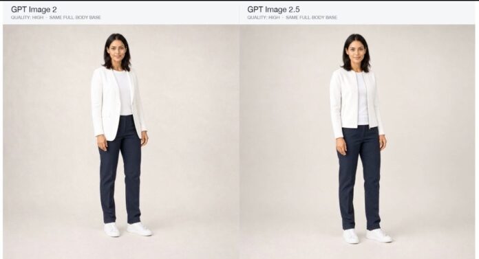 gpt-images-2-and-25 Two side-by-side images of a woman wearing a white blazer and navy pants, demonstrating different AI image generation qualities.