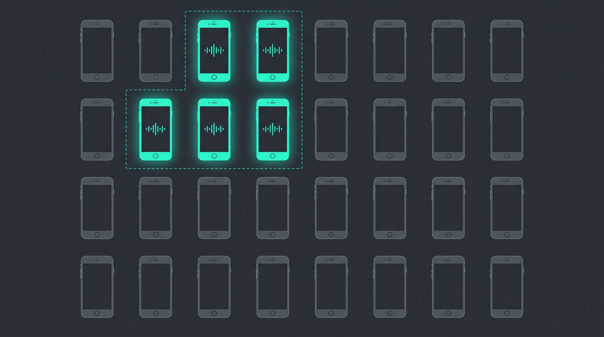 Grid of smartphone icons with a small glowing subset representing users selected for a staged app test