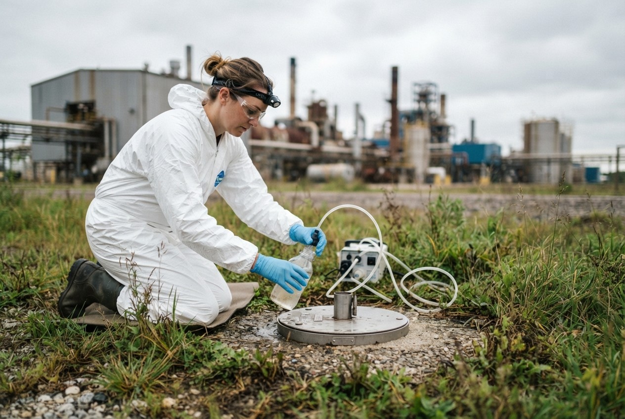Technician in protective gear monitoring groundwater at a site boundary