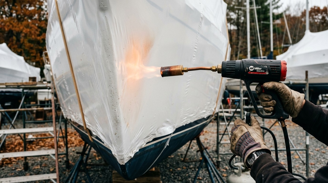 Marina worker using a propane heat gun to shrink white plastic film tightly over a boat hull
