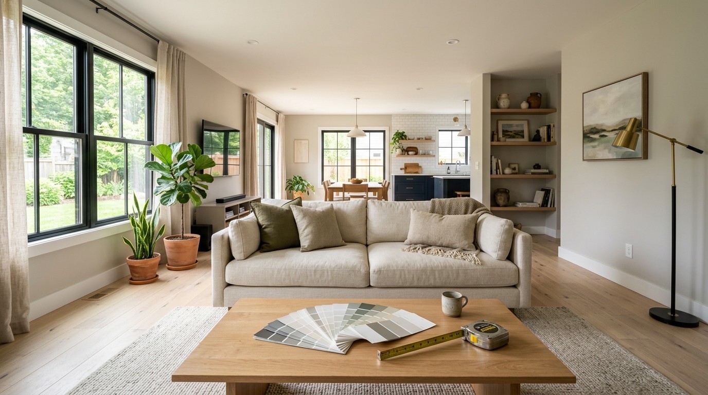 Home Improvement Mistakes Homeowners Should Steer Clear of Freshly renovated open-plan living room with new paint, pale oak flooring and paint color swatches on the coffee table