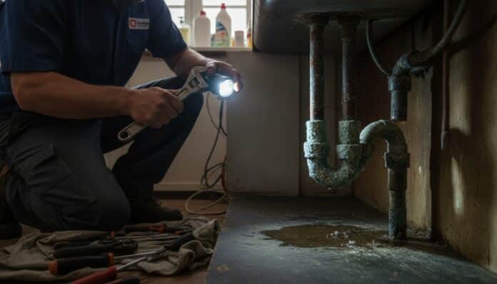 Plumber inspecting corroded home water pipes with wrench