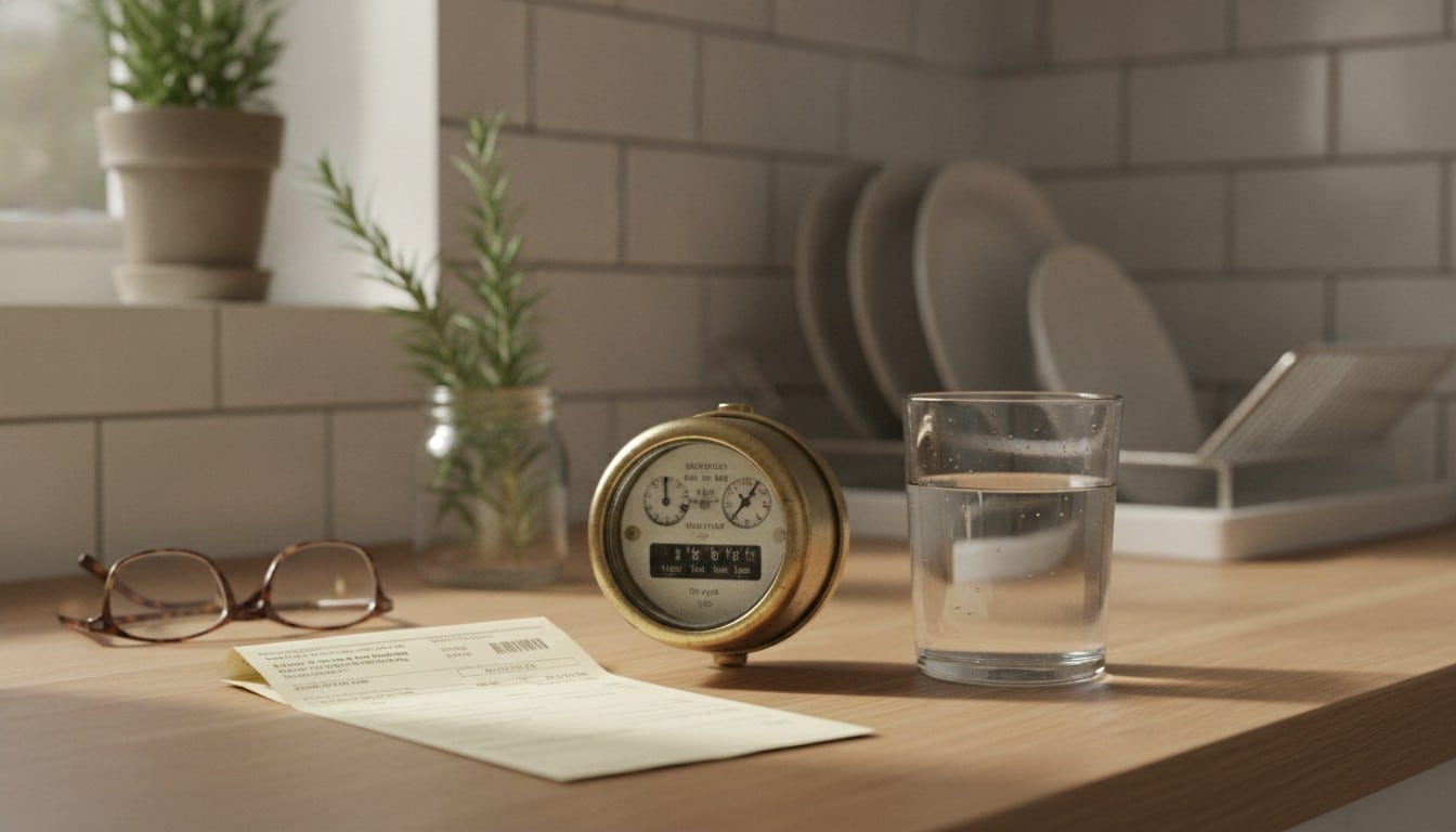 Close-up of a household water meter and monthly utility bill on a kitchen counter