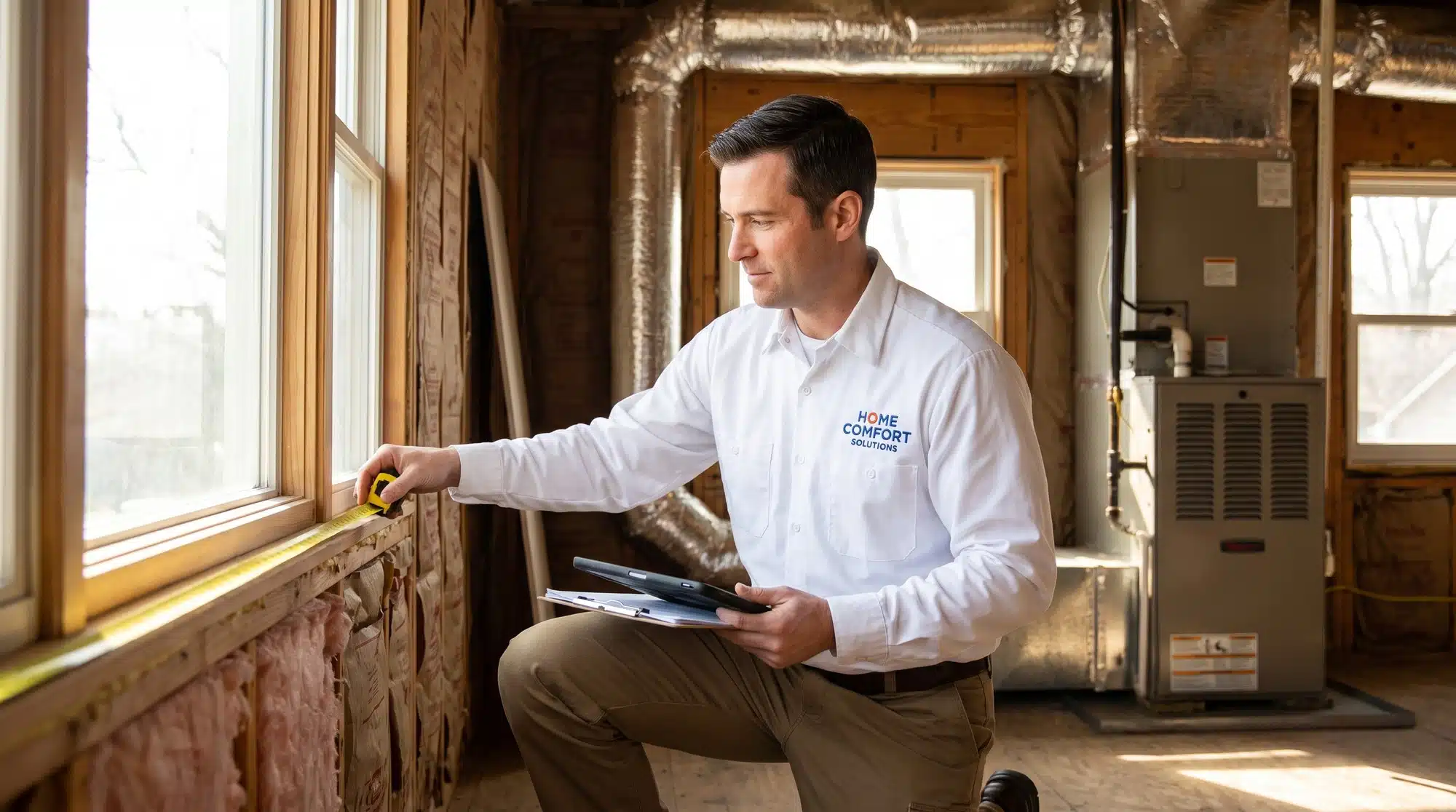 HVAC contractor performing a Manual J load calculation in a residential living room with a tablet and tape measure
