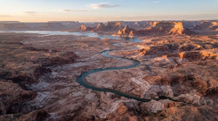 Lake Powell at record low water level, with wide exposed red lakebed and mineral shoreline around the narrow remaining water