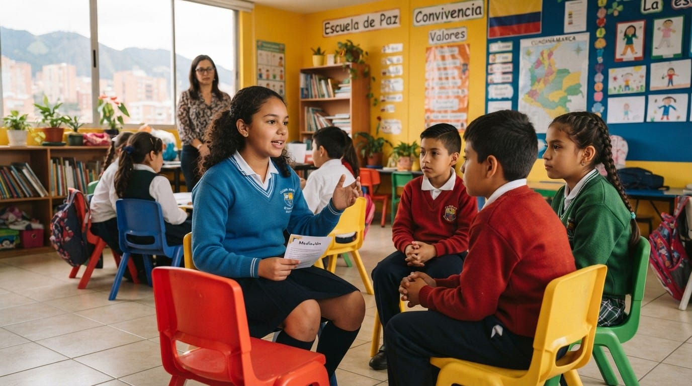 How a Bogotá School Cut Bullying to Zero Without Punishment Students at Colegio Las Margaritas IED in Bogotá engaged in a peer mediation session in their classroom