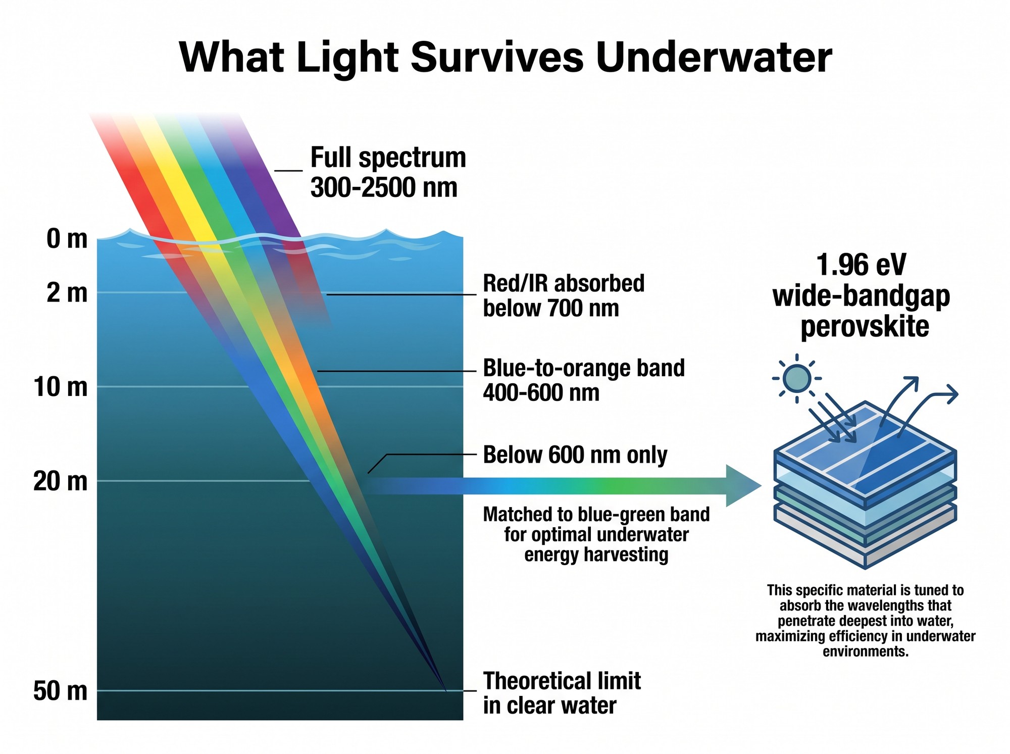 Diagram showing how the sunlight spectrum narrows with ocean depth and how a 1.96 eV wide-bandgap perovskite cell is matched to the surviving blue-green light