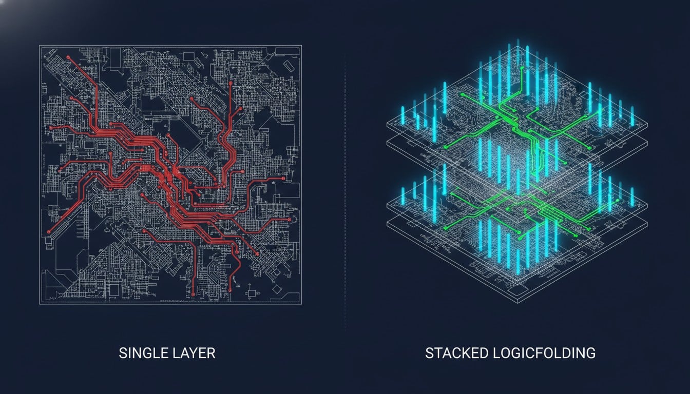 Diagram comparing flat chip layout versus stacked LogicFolding layers with shorter signal paths