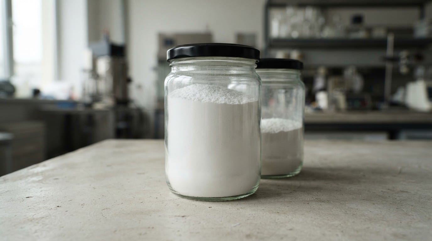Jars of white magnesium hydroxide powder produced as a co-product from salt lake brine