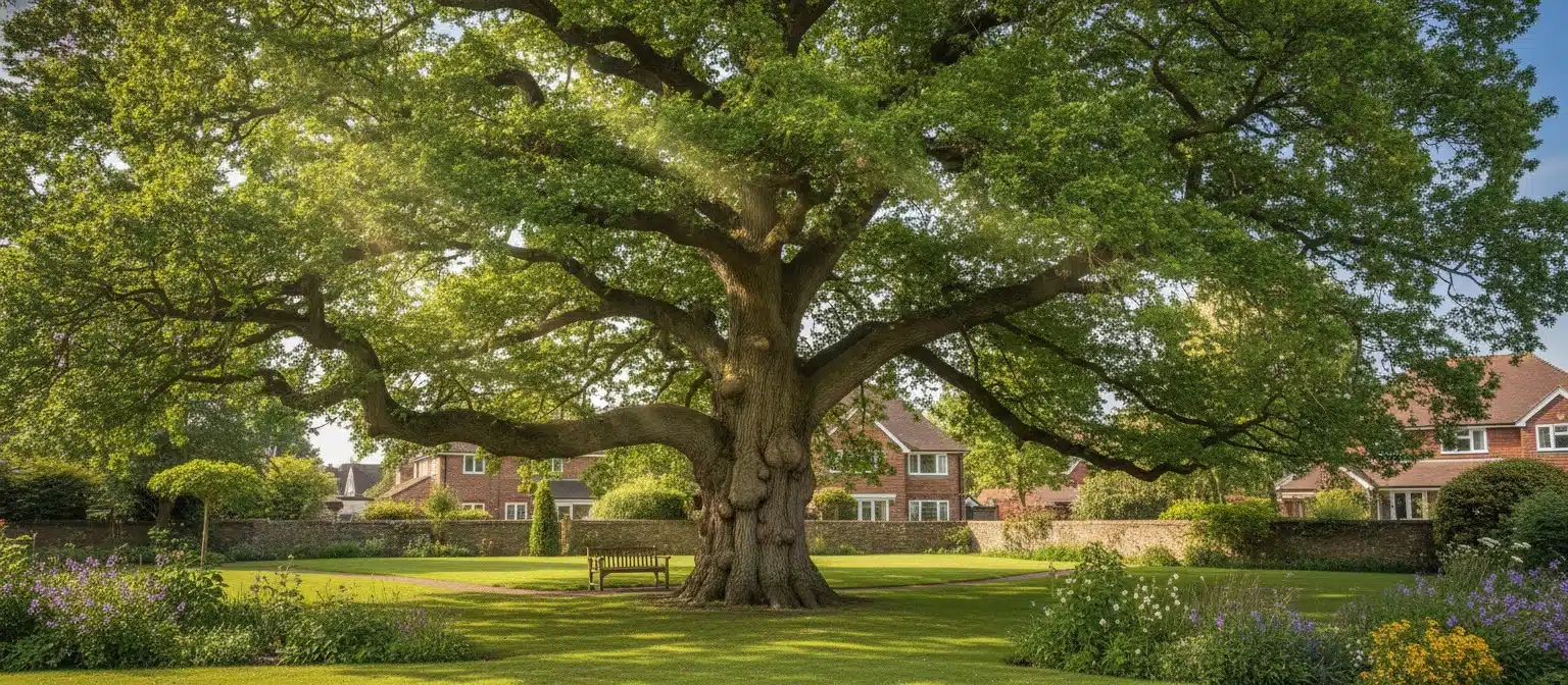 Mature tree with full healthy canopy hiding internal structural risks