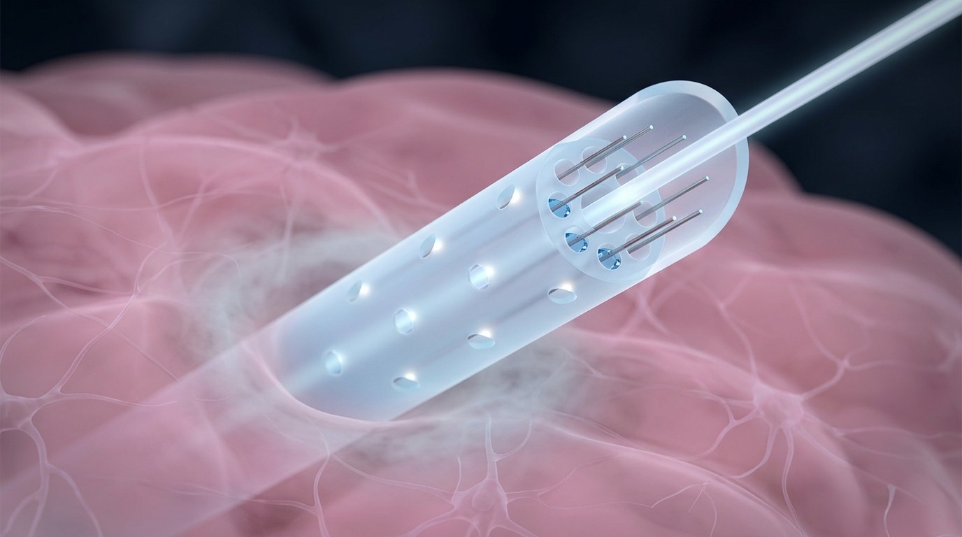 Cutaway illustration of the mAxialtrode brain probe showing a central light-guiding core surrounded by eight microchannels along a needle-thin flexible fiber inserted into brain tissue