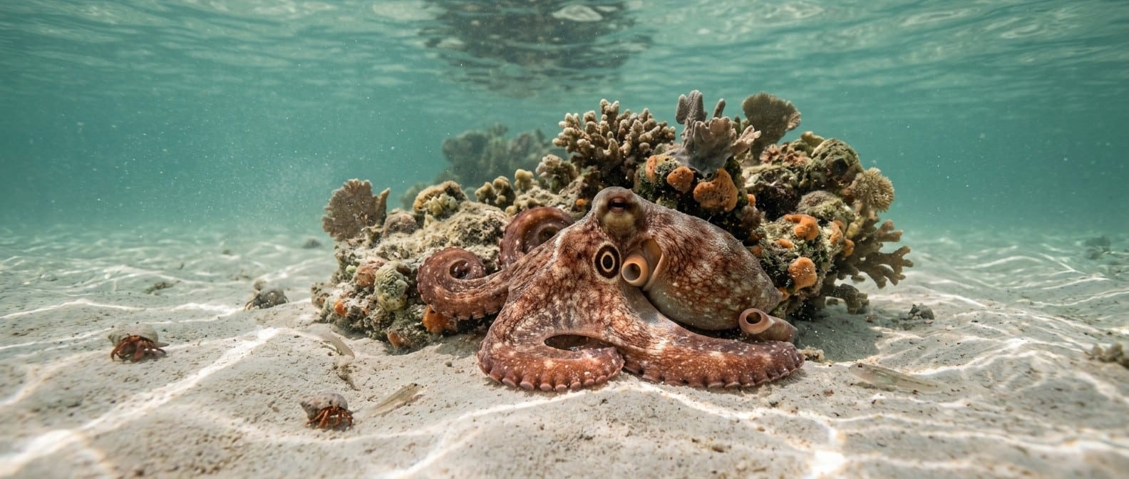 Maya octopus (Octopus maya) resting on a sandy seafloor in shallow Gulf of Mexico waters off Campeche, Mexico, the species at the center of a 2026 study finding microplastics in 93.68% of specimens sampled.