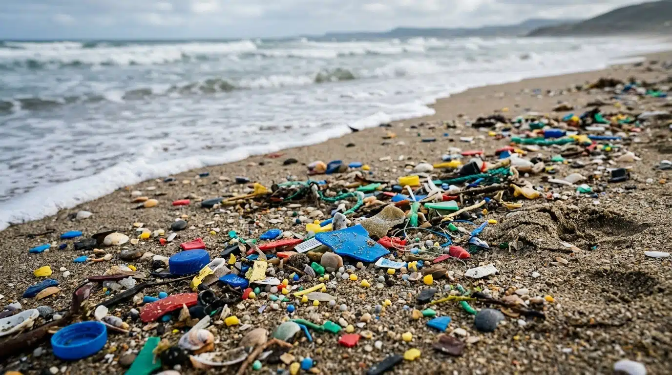 Plastic debris and microplastic fragments washed up on a beach shoreline, illustrating the marine pollution sources that researchers linked to the contamination of Maya octopus off Mexico's coast.