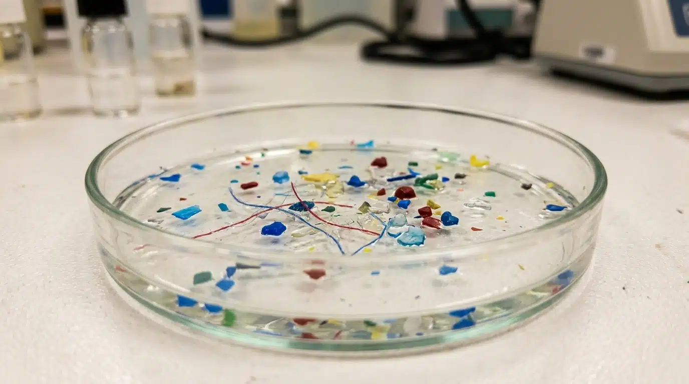 Microplastic particles recovered from the gastrointestinal tract of Maya octopus specimens, including colored plastic fragments, fibers, and pellets, photographed in laboratory conditions.