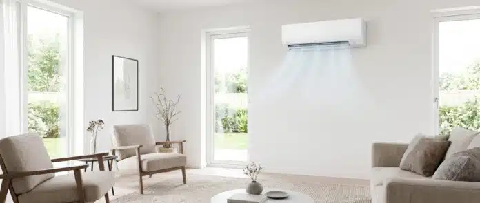 Modern white ductless mini-split air conditioner mounted on a living room wall
