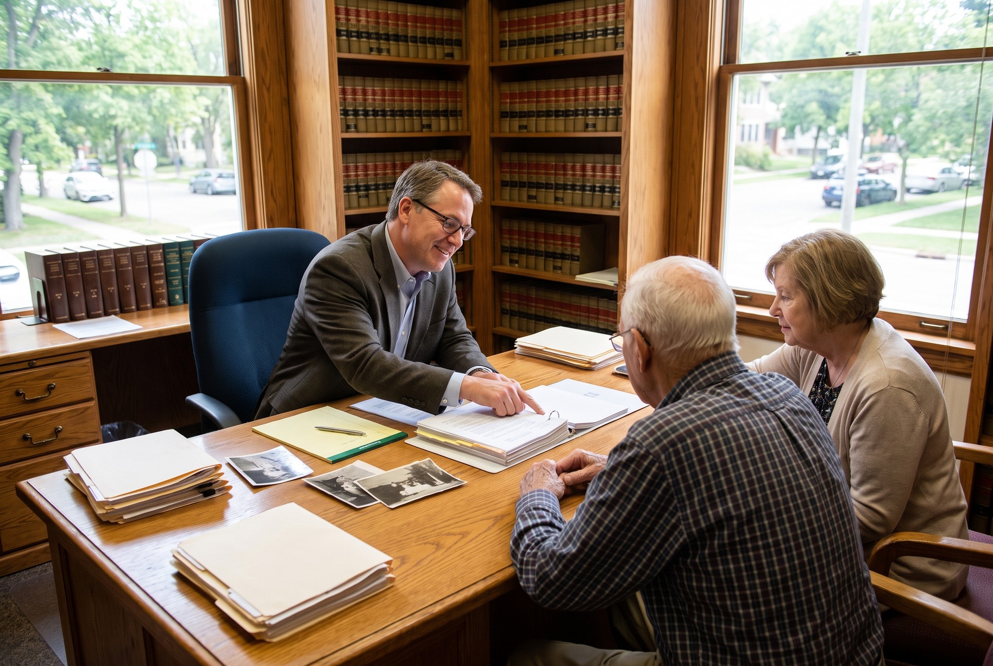 Mesothelioma lawyer reviewing case files with an elderly client and his daughter at a Minnesota law office