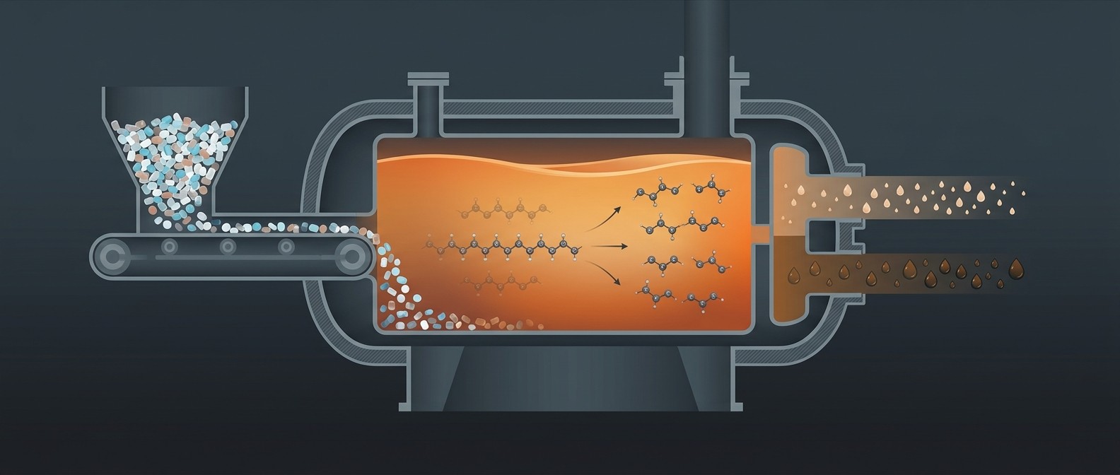Conceptual illustration of molten salt polymer cracking with plastic waste entering molten aluminum chloride salt and exiting as liquid fuel droplets