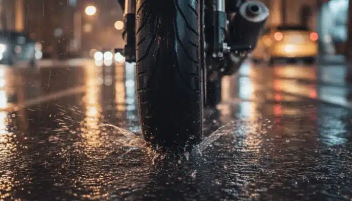 motorcycle-tyre-tread-closeup Close-up of a motorcycle tyre tread pattern on a wet city road surface
