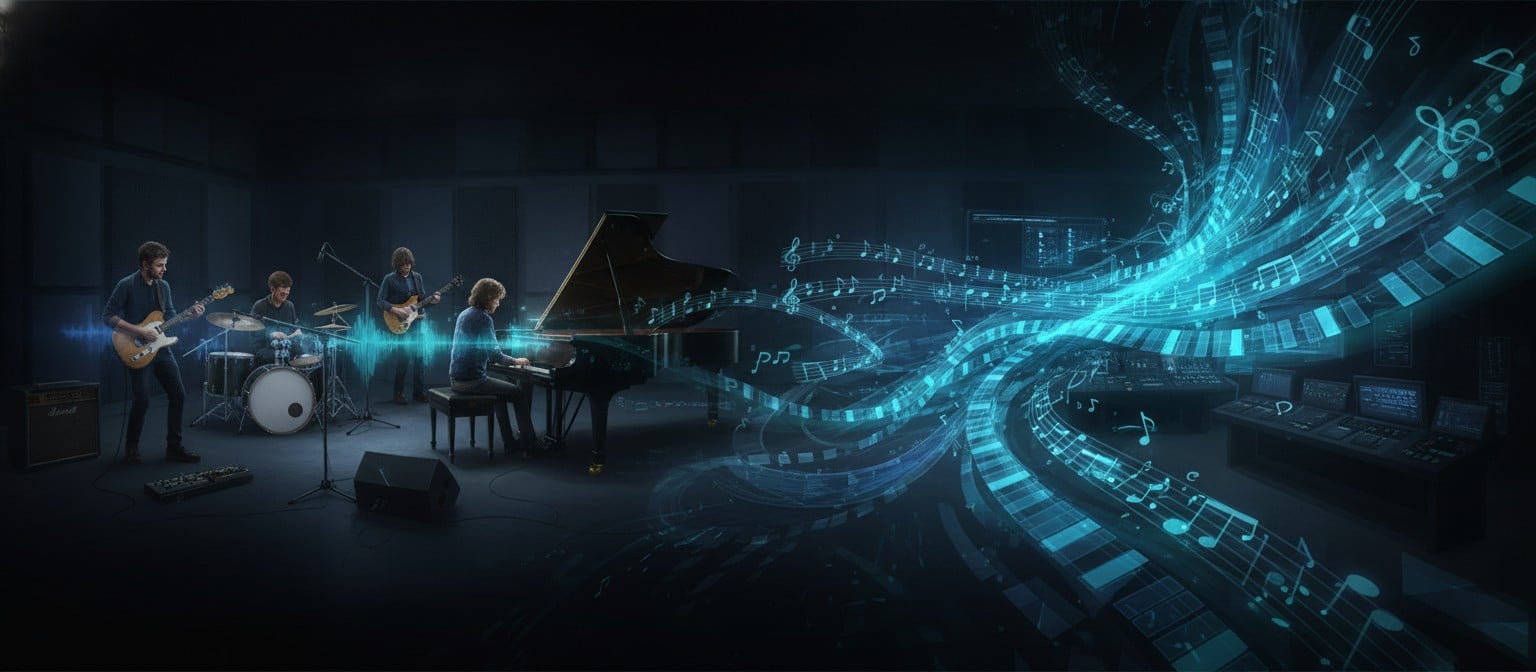 Open-source AI music transcription model converting a band recording into MIDI notes