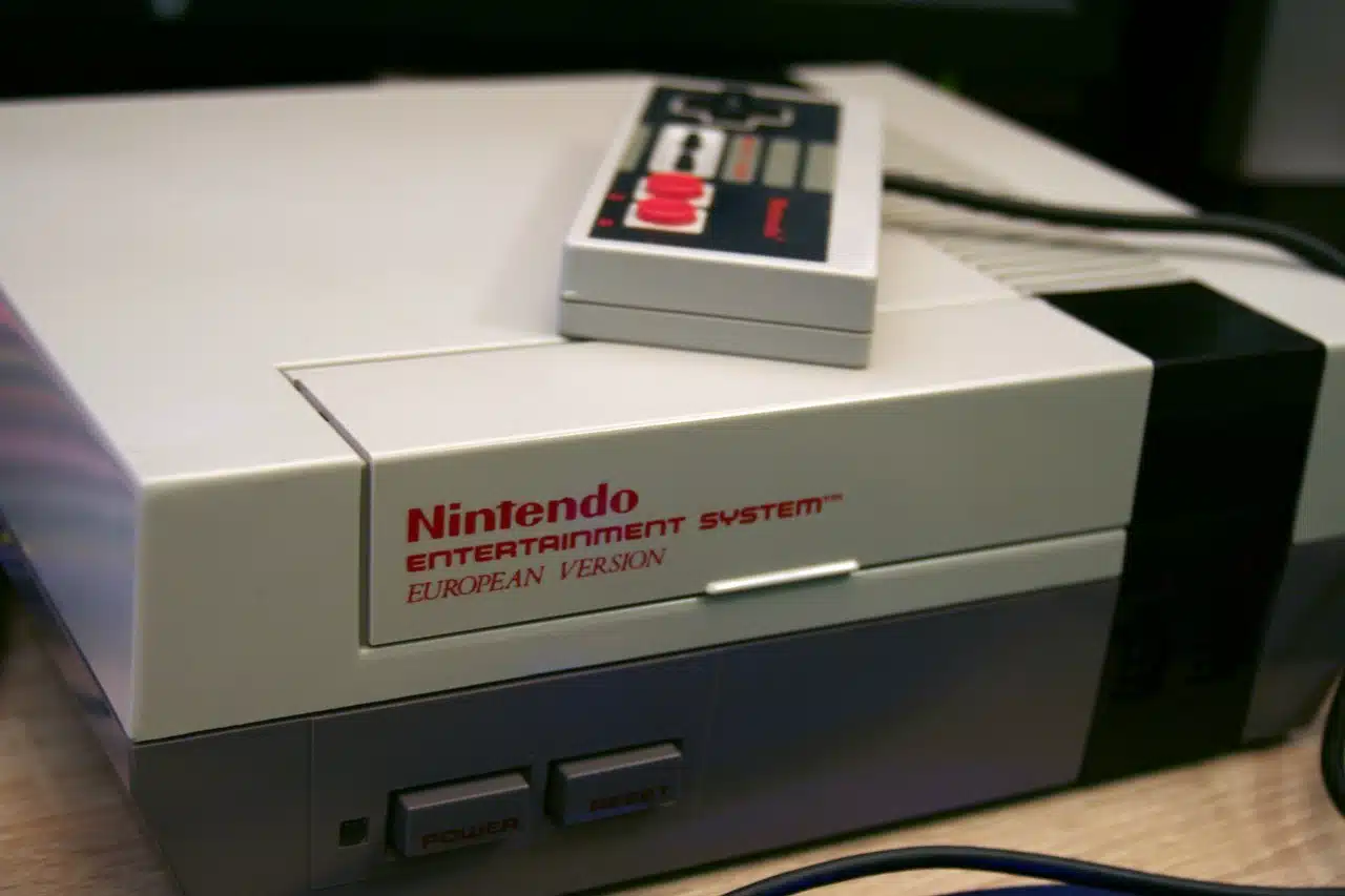 Close-up view of a Nintendo Entertainment System console, labeled