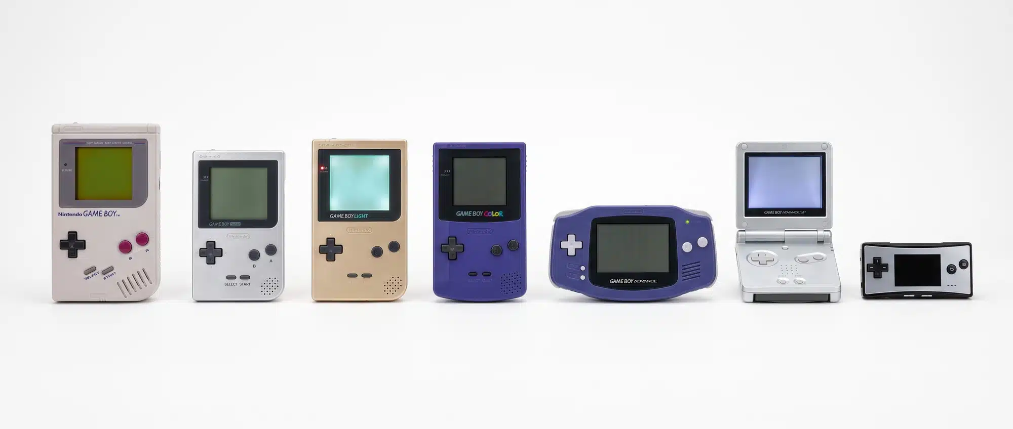 Nintendo Game Boy family lineup with original Pocket Light Color Advance SP and Micro models