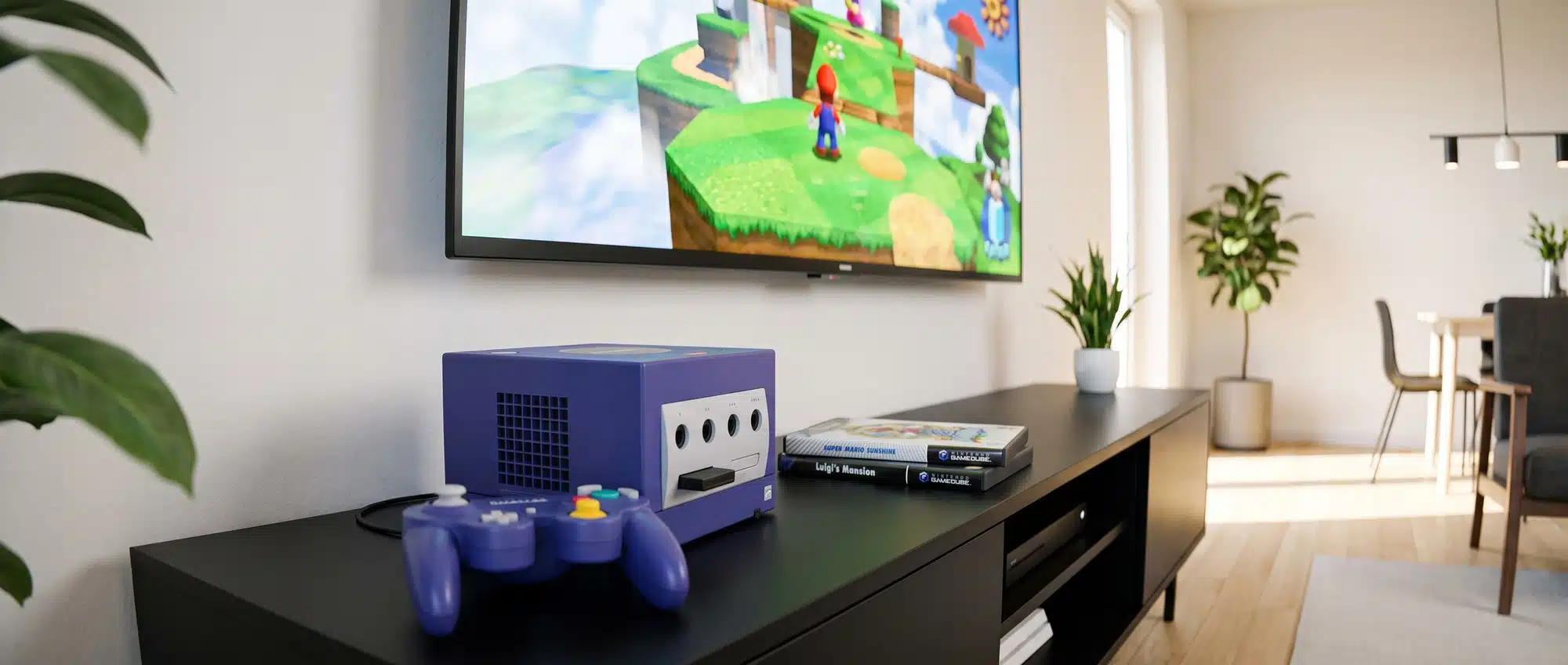 Indigo purple Nintendo GameCube console with controller and game discs on TV stand