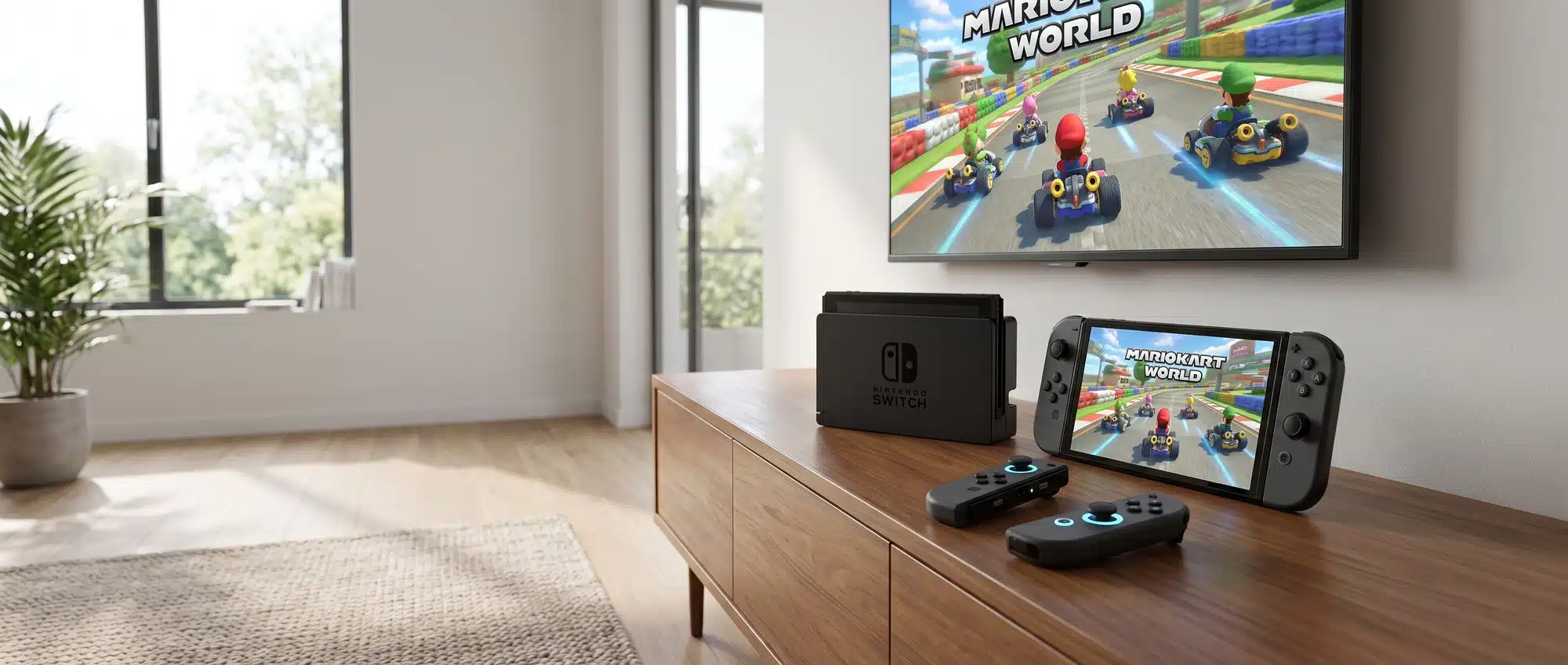Nintendo Switch 2 console docked with Joy-Con 2 controllers and 7.9-inch handheld display